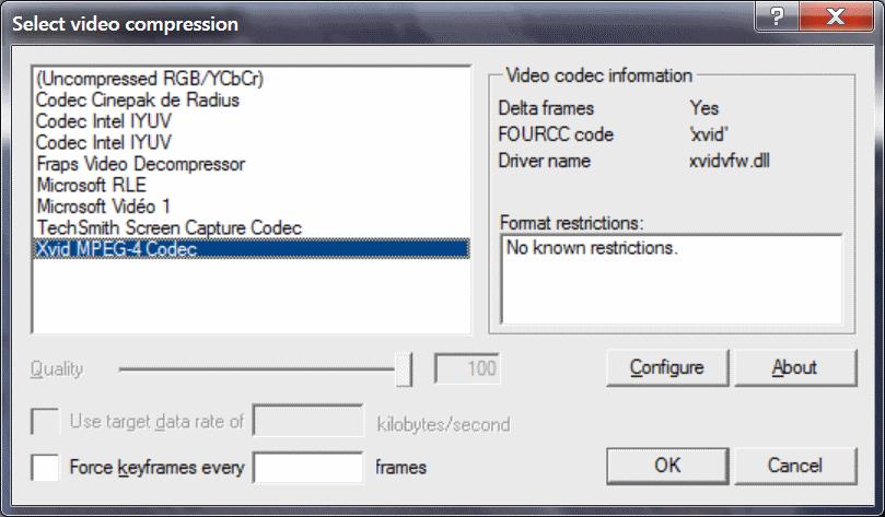 Options de compression vidéo offertes par VirtualDub